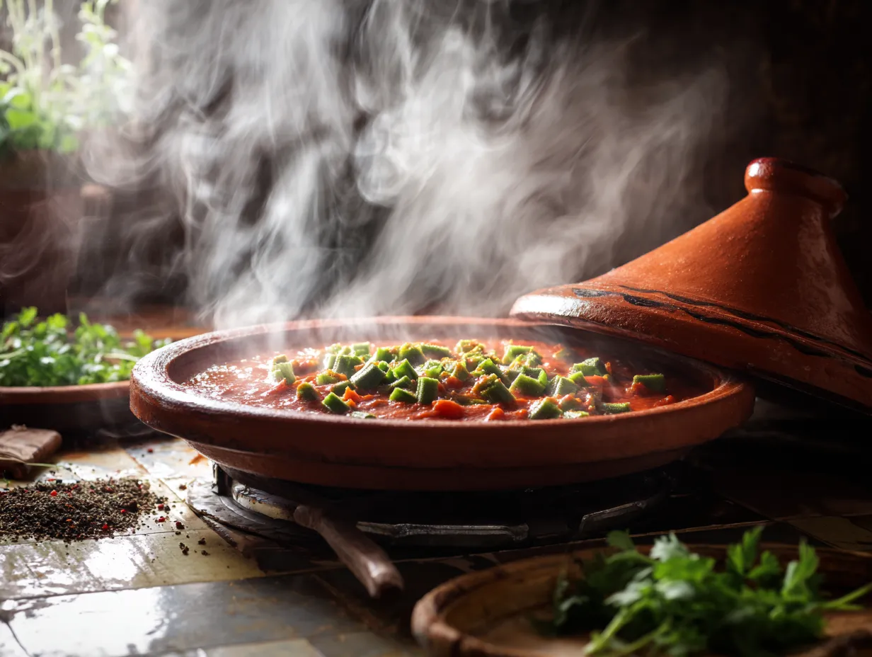 Moroccan Okra Recipe: Mouthwatering Family Favorite 4 A pot of Moroccan okra stew simmering in a tomato-spice sauce with herbs, creating a warm and inviting kitchen scene.