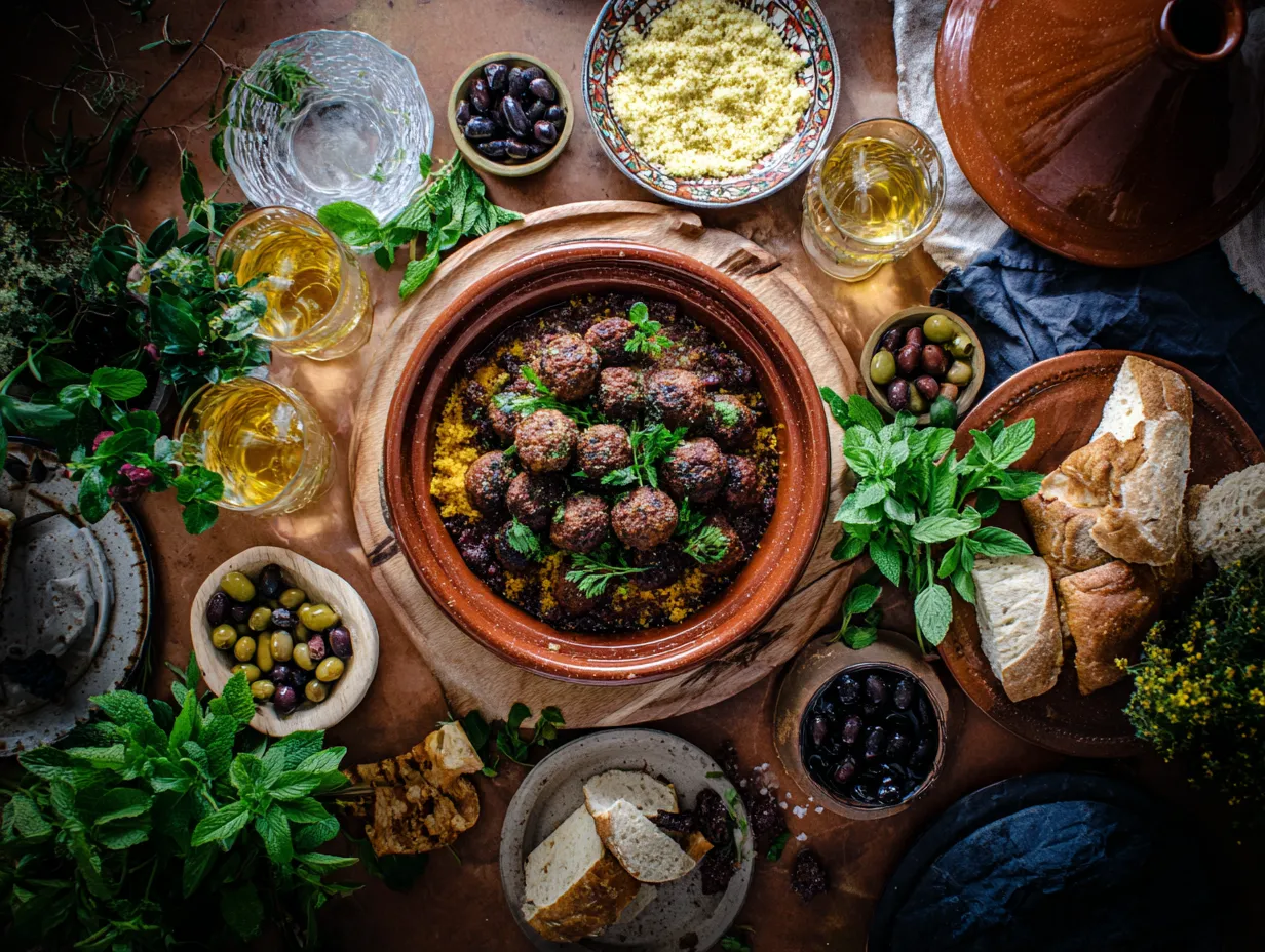 Authentic Spiced Kefta with Preserved Lemon Joy 6 “Moroccan spiced kefta in a clay tagine served with couscous, Moroccan bread, olives, fresh herbs, and mint tea on a rustic table.”