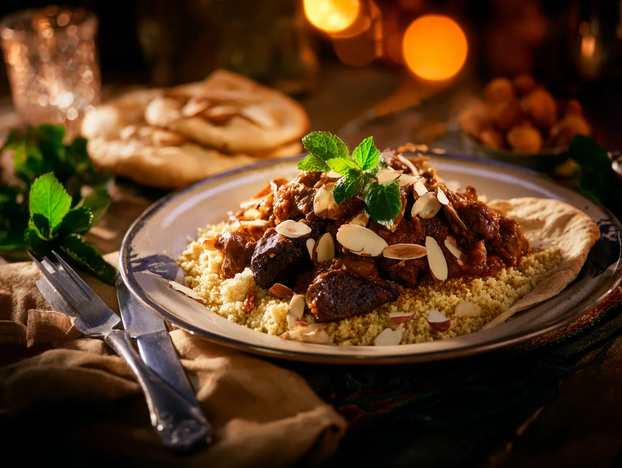 Heavenly Lamb Tagine with Onions and Raisins Recipe 6 Moroccan lamb tagine served with couscous, flatbread, and herbs on a rustic table.