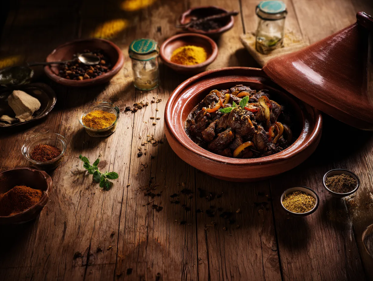 Heavenly Lamb Tagine with Onions and Raisins Recipe 3 Heavenly Moroccan lamb tagine with onions and raisins served in a clay pot with spices on a rustic wooden table.