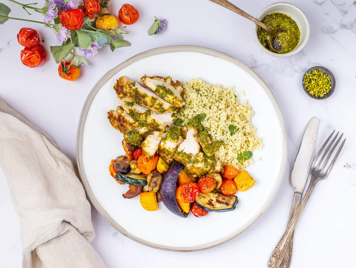 Perfectly Spiced Moroccan Chermoula Chicken 8 Healthy Moroccan Chermoula Chicken served with couscous and roasted vegetables on a clean white plate.