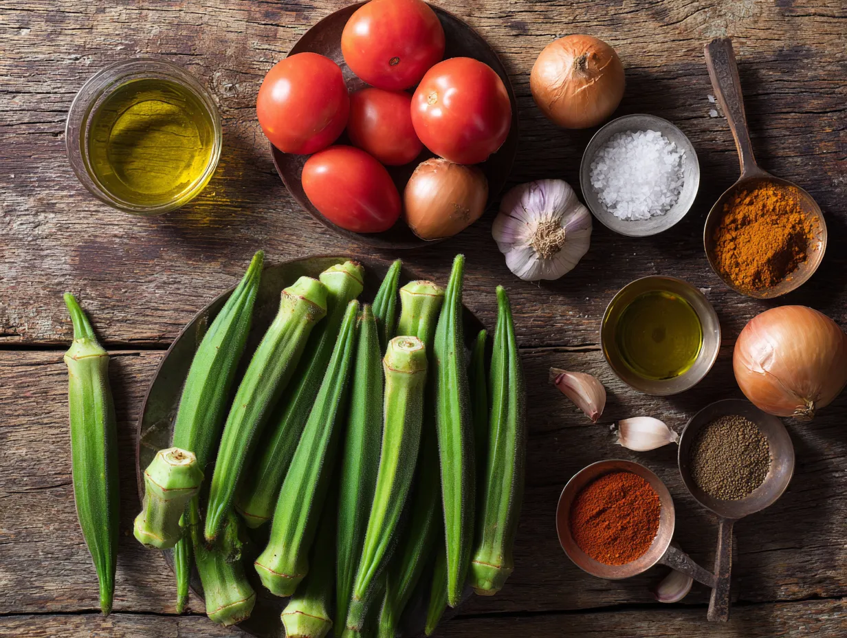 Moroccan Okra Recipe: Mouthwatering Family Favorite 3 Fresh Moroccan okra ingredients including tomatoes, onion, garlic, olive oil, and spices arranged on a rustic wooden surface.