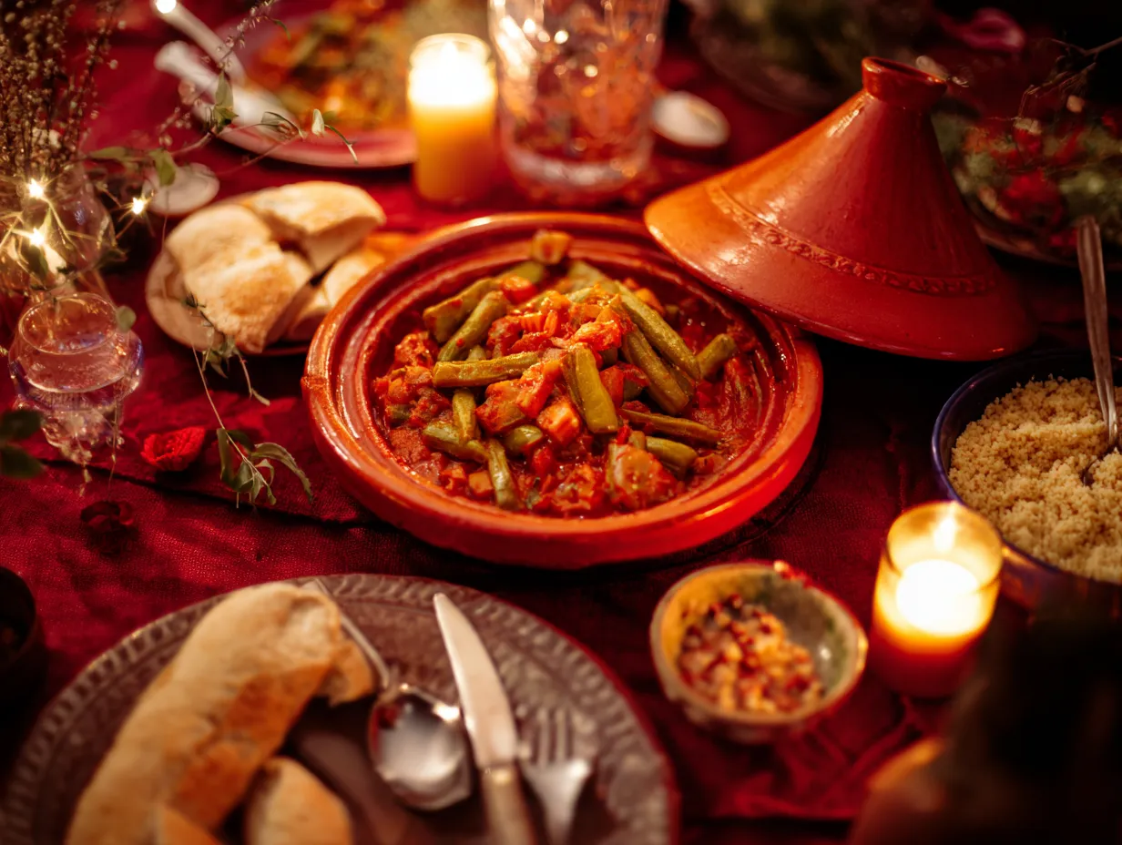 Moroccan Okra Recipe: Mouthwatering Family Favorite 2 A traditional Moroccan table with okra stew in a clay tagine, served alongside couscous and bread, symbolizing a comforting family meal.