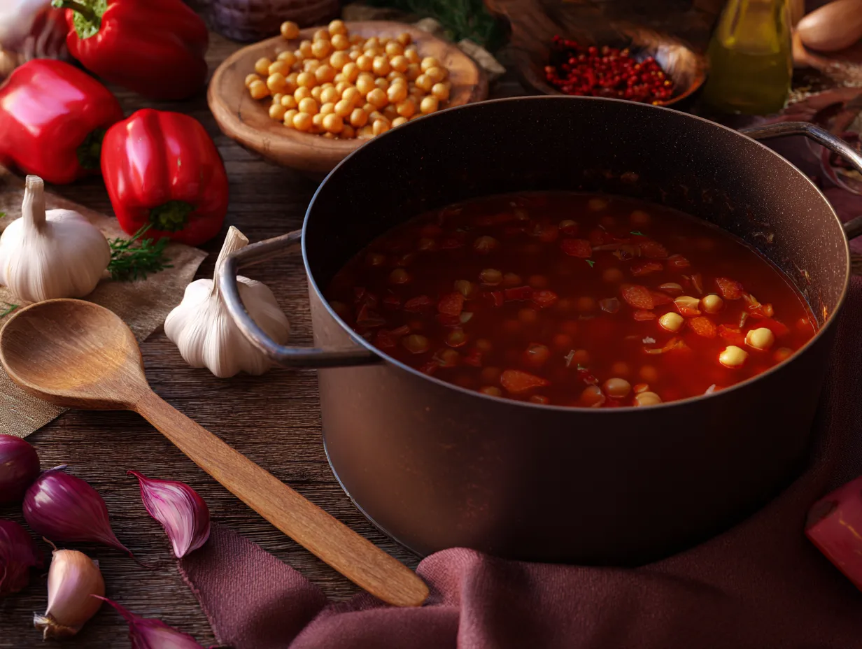 Spiced Red Pepper & Chickpea Soup: Comforting & Rich 4 u1416823846 A cozy kitchen setting with a large pot of spiced 7afe742a c020 423d ae8b d783145543e5 0 www.moroccaneats.com