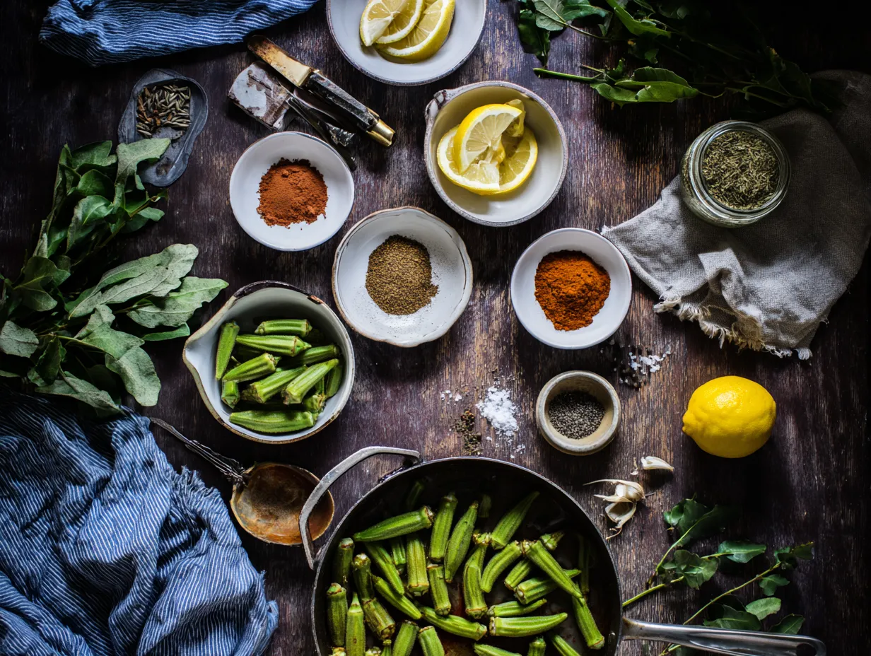Moroccan Okra Recipe: Mouthwatering Family Favorite 5 Cooking tips for Moroccan okra stew displayed with spices, herbs, lemon, and sautéed okra in a rustic kitchen setting.