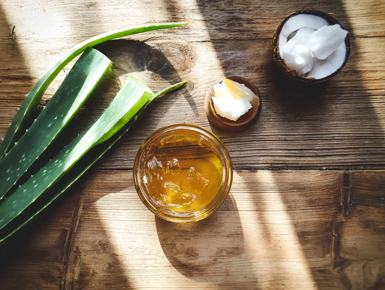 Moroccan Argan Oil Secrets You’ll Wish You Knew Sooner 3 DIY argan oil hair mask ingredients including argan oil, coconut oil, honey, and aloe vera on a wooden table.