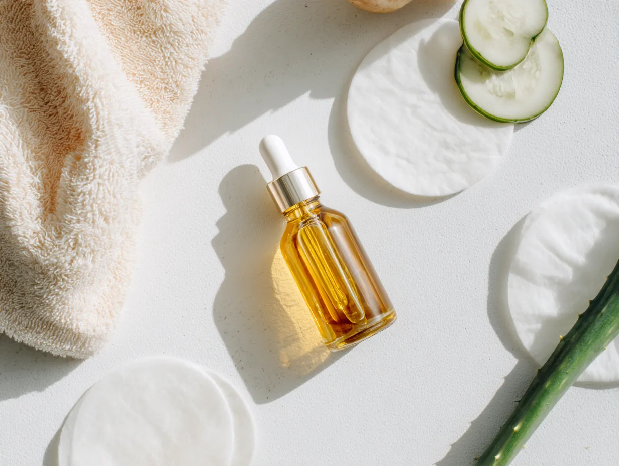 Moroccan Argan Oil Secrets You’ll Wish You Knew Sooner 5 Glass dropper bottle of pure argan oil surrounded by natural skincare items like aloe vera and cotton pads.Pure argan oil for hair and skin benefits