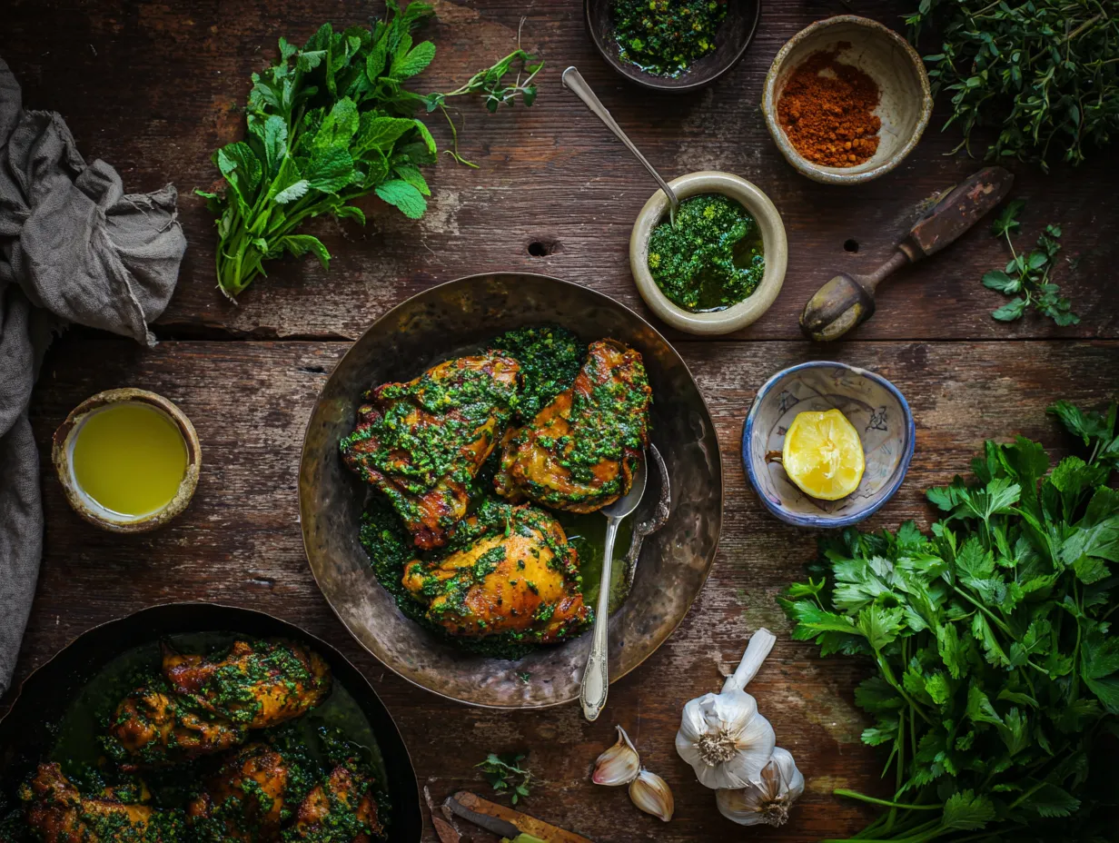 Perfectly Spiced Moroccan Chermoula Chicken 4 Chicken thighs coated in Moroccan chermoula marinade, surrounded by fresh herbs and spices on a rustic table.