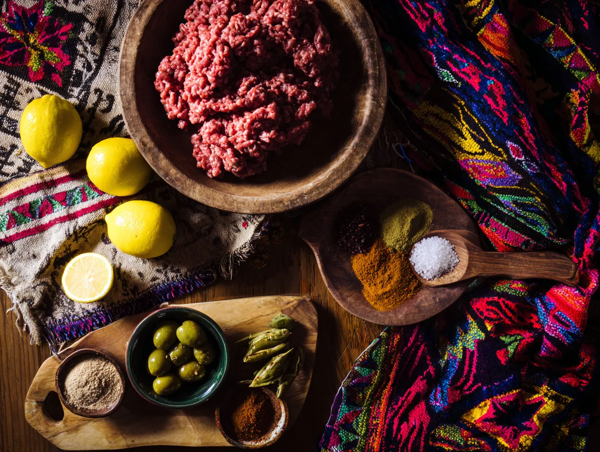 Authentic Spiced Kefta with Preserved Lemon Joy 4 “Key ingredients for Moroccan spiced kefta displayed on a rustic wooden board: ground lamb and beef, preserved lemons, green olives, and spices like cumin, paprika, and Ras el Hanout.”
