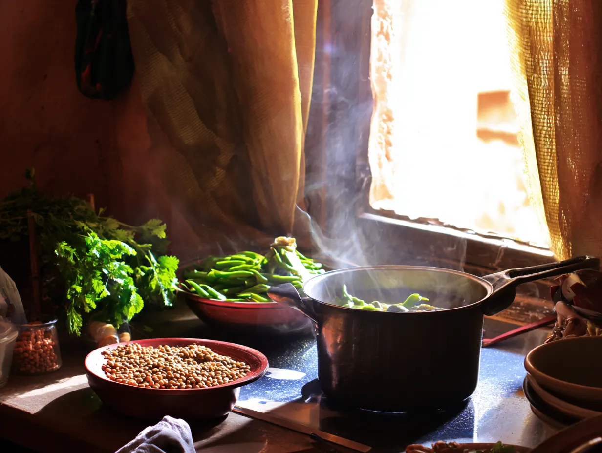 Green Harira Revival: A Comforting Soup with a Twist 5 Steaming pot of Green Harira soup in a rustic Moroccan kitchen, surrounded by fresh herbs, lentils, chickpeas, and spices, with sunlight highlighting the vibrant green color.