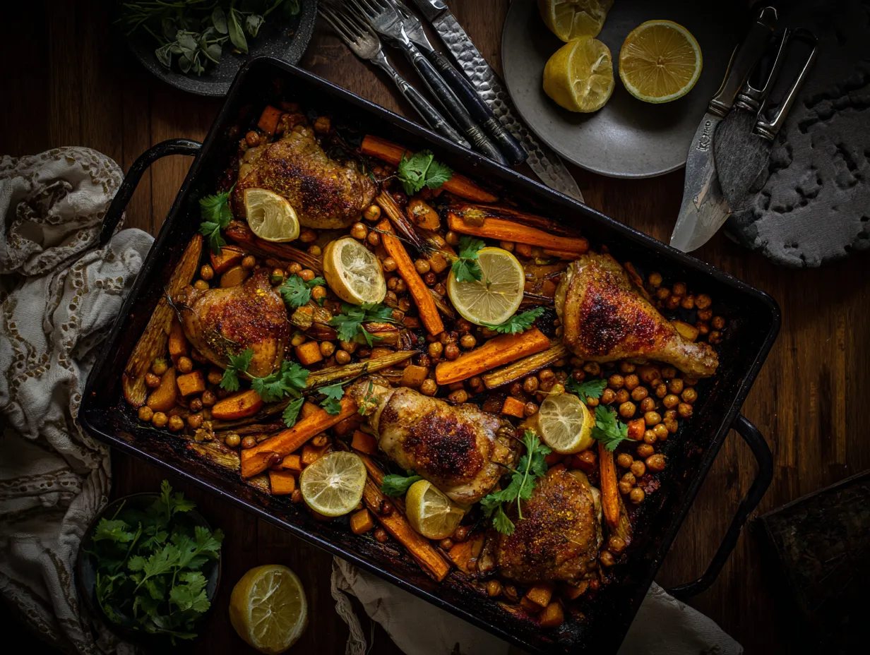 Moroccan-Spiced Chicken or Vegetable Traybakes Made Simple 4 Rustic Moroccan-spiced chicken and vegetable traybake with chickpeas, sweet potatoes, and lemon in a cast-iron tray.