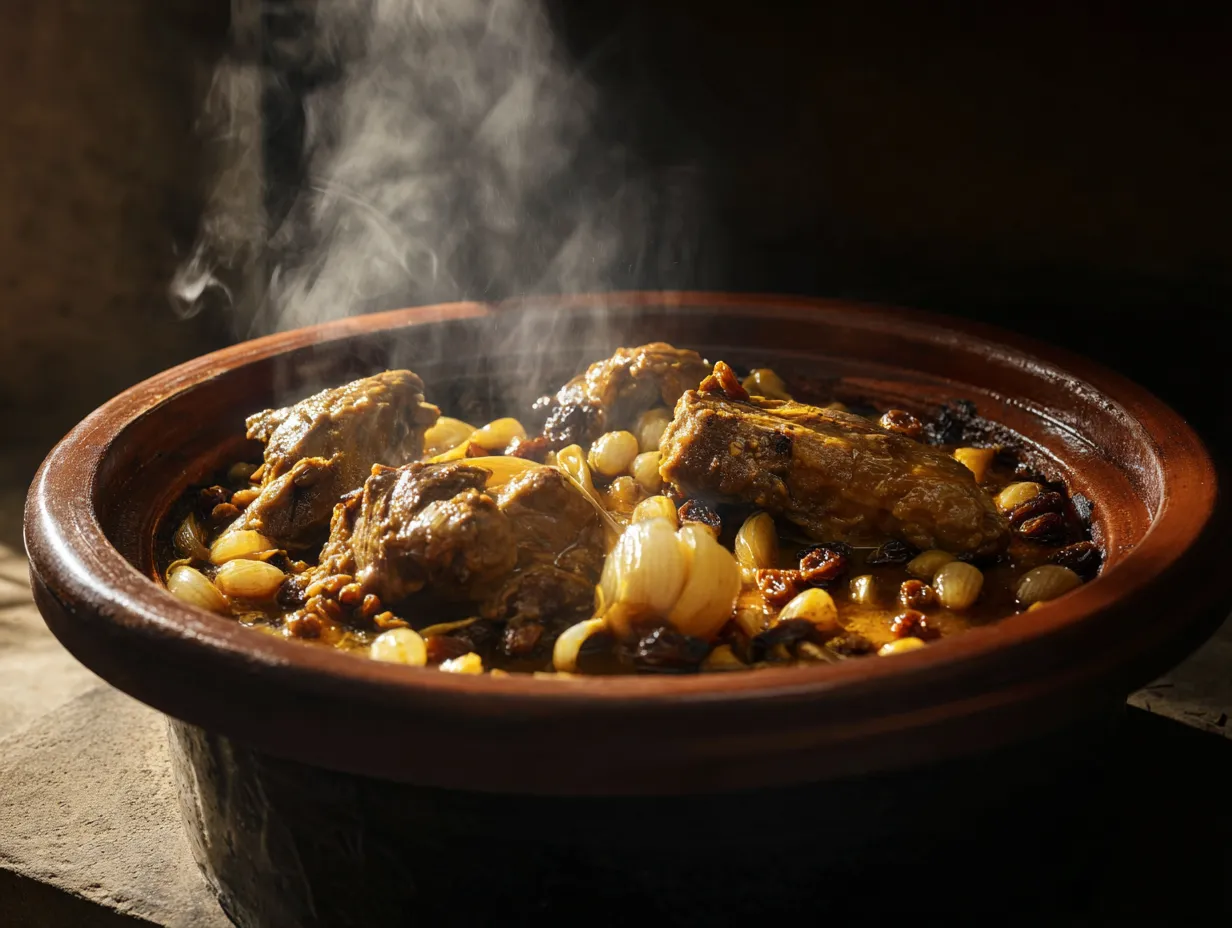 Heavenly Lamb Tagine with Onions and Raisins Recipe 5 Slow-cooked Moroccan lamb tagine with onions and raisins served in a clay pot with aromatic sauce.