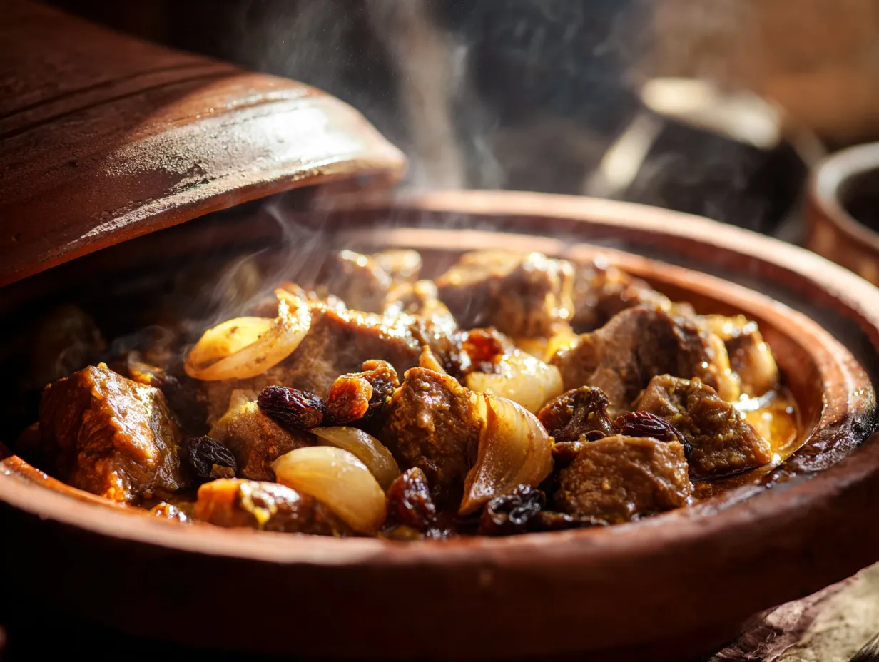 u1416823846 A steaming Moroccan lamb tagine in a clay pot lam 751e1696 b25c 4935 9f79 15f814959bd8 2 www.moroccaneats.com