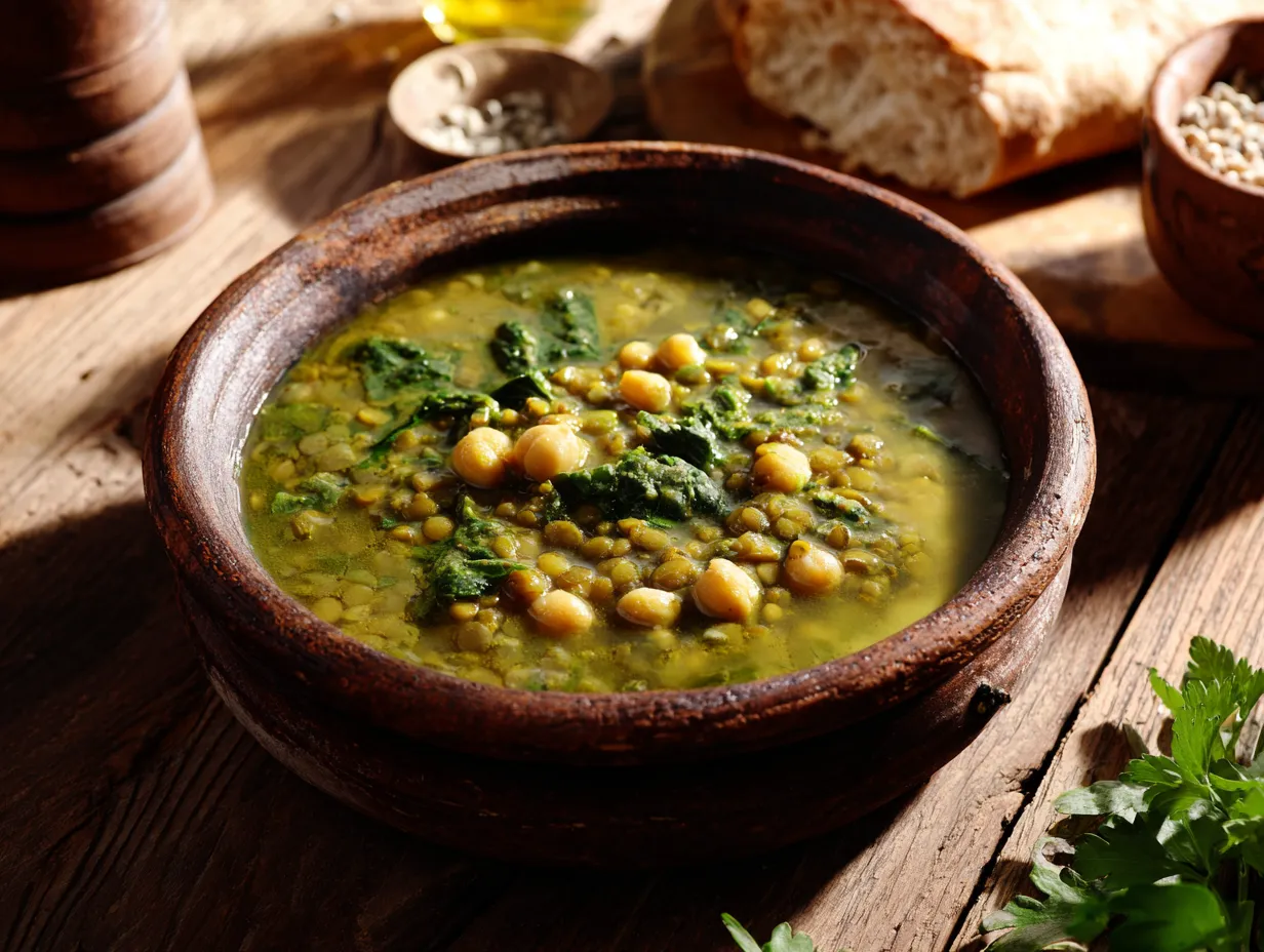 Green Harira Revival: A Comforting Soup with a Twist 2 A rustic bowl of Moroccan Green Harira soup, rich with lentils, chickpeas, and fresh herbs, served with bread on a wooden table.