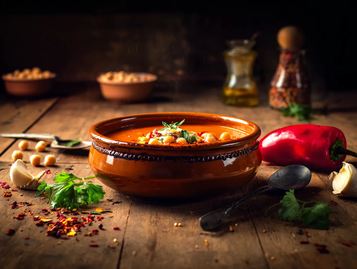 Spiced Red Pepper & Chickpea Soup: Comforting & Rich 6 u1416823846 A steaming bowl of spiced red pepper and chickpea 57eed40e 6afa 4884 b23e 3af77157d04c 1 www.moroccaneats.com