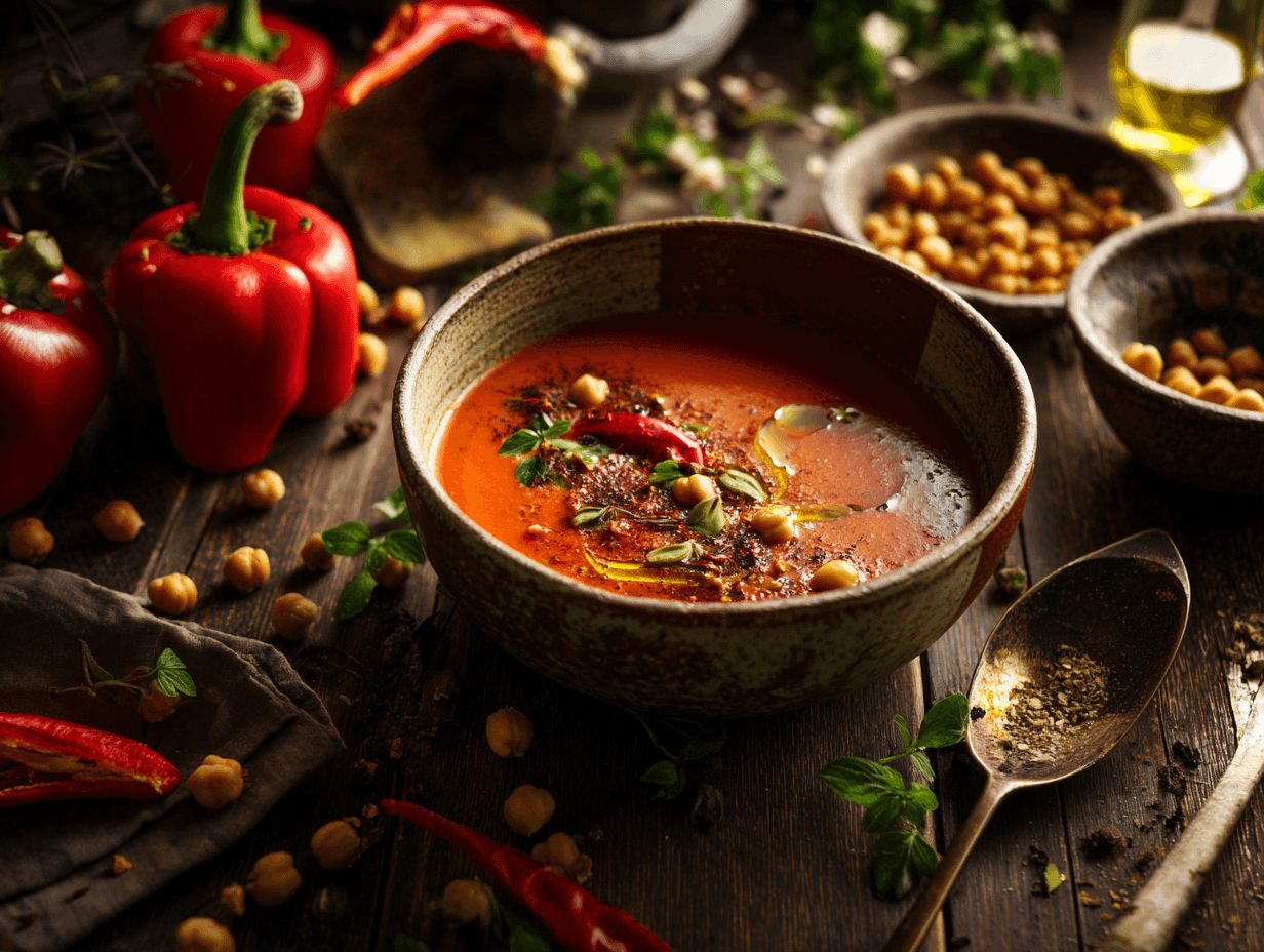 Spiced Red Pepper & Chickpea Soup: Comforting & Rich 2 A bowl of Spiced red pepper & chickpea soup garnished with herbs and olive oil, surrounded by roasted peppers and chickpeas, capturing a warm, cozy winter meal.