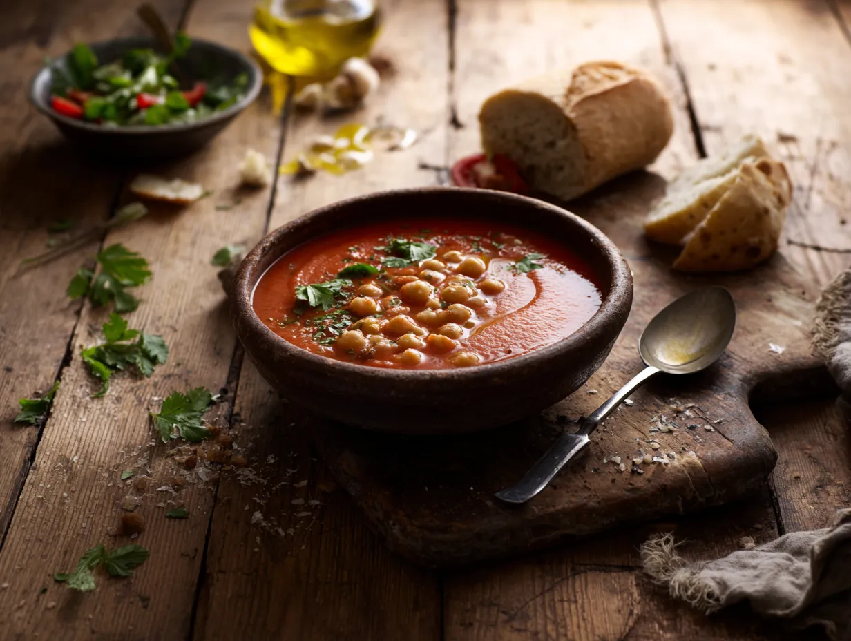 Spiced Red Pepper & Chickpea Soup: Comforting & Rich 5 A bowl of spiced red pepper and chickpea soup garnished with herbs and olive oil, served with crusty bread and a side salad, presented in a cozy, rustic setting.