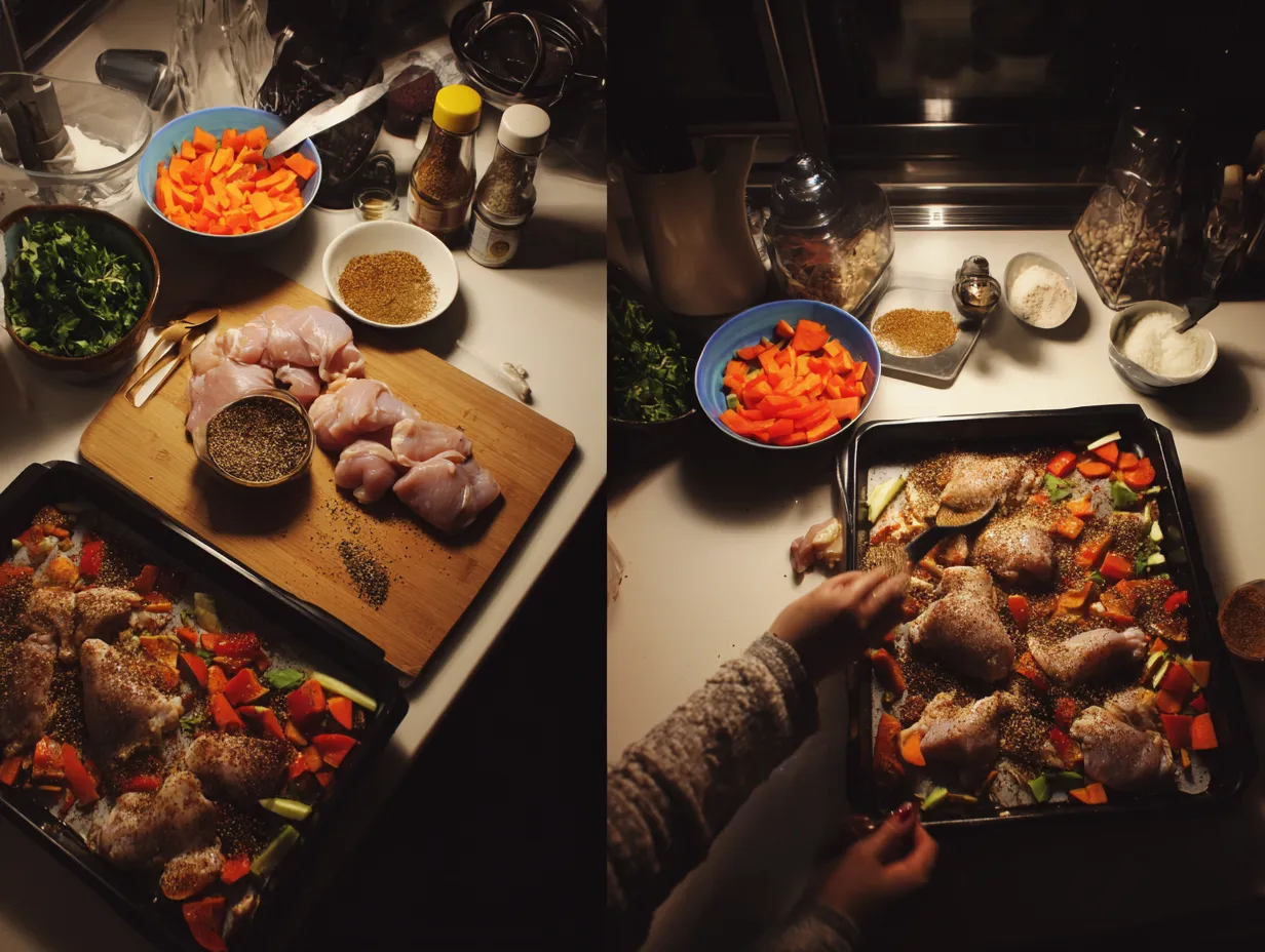 Moroccan-Spiced Chicken or Vegetable Traybakes Made Simple 5 Preparation process of Moroccan-spiced chicken and vegetable traybake with spices, vegetables, and chicken laid out on a kitchen counter.