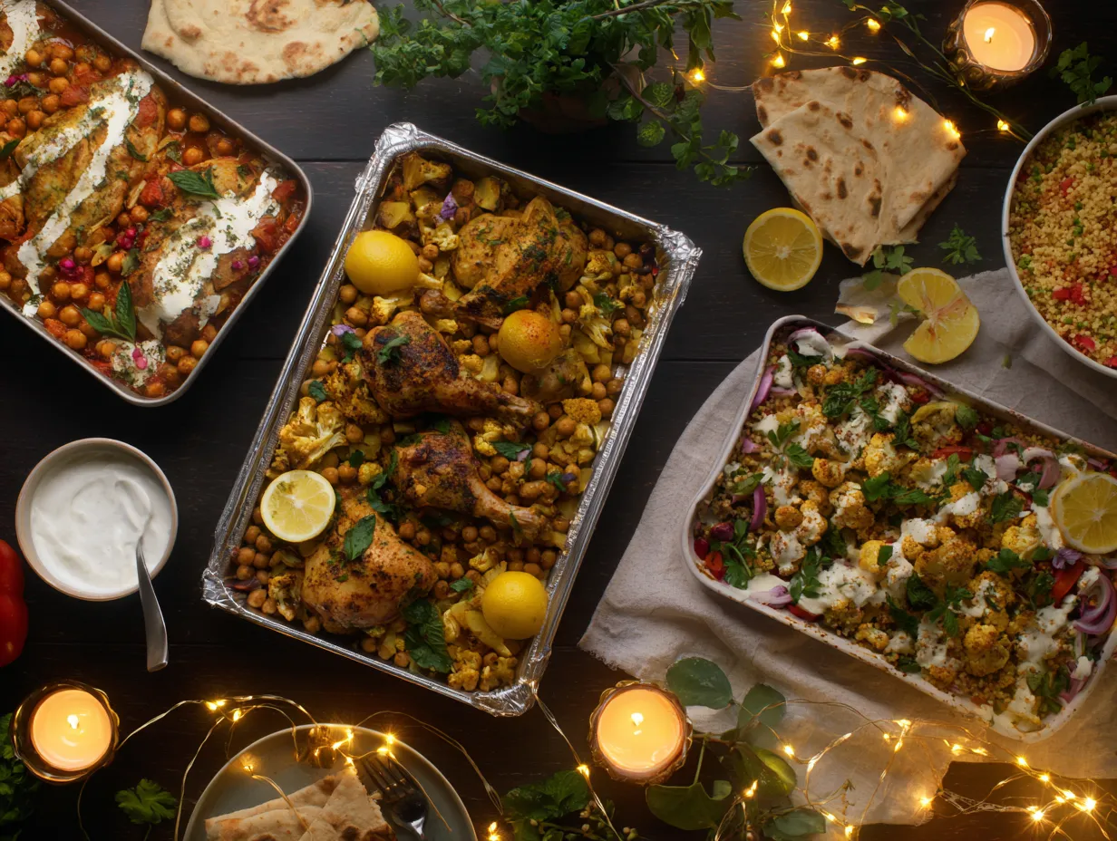 Moroccan-Spiced Chicken or Vegetable Traybakes Made Simple 6 Variations of Moroccan-spiced traybakes—one with chicken, one vegetarian—served with couscous, flatbread, and mint yogurt.