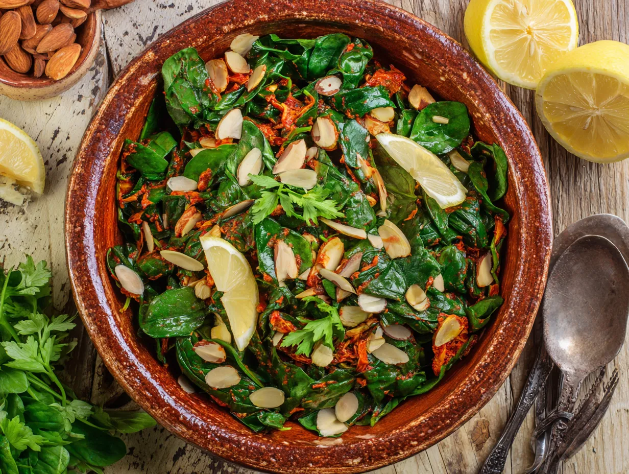 Amazingly Simple Moroccan Harissa Spinach Salad 2 Warm Moroccan Harissa Spinach Salad in a rustic bowl with toasted almonds, fresh parsley, and lemon wedges on a wooden table