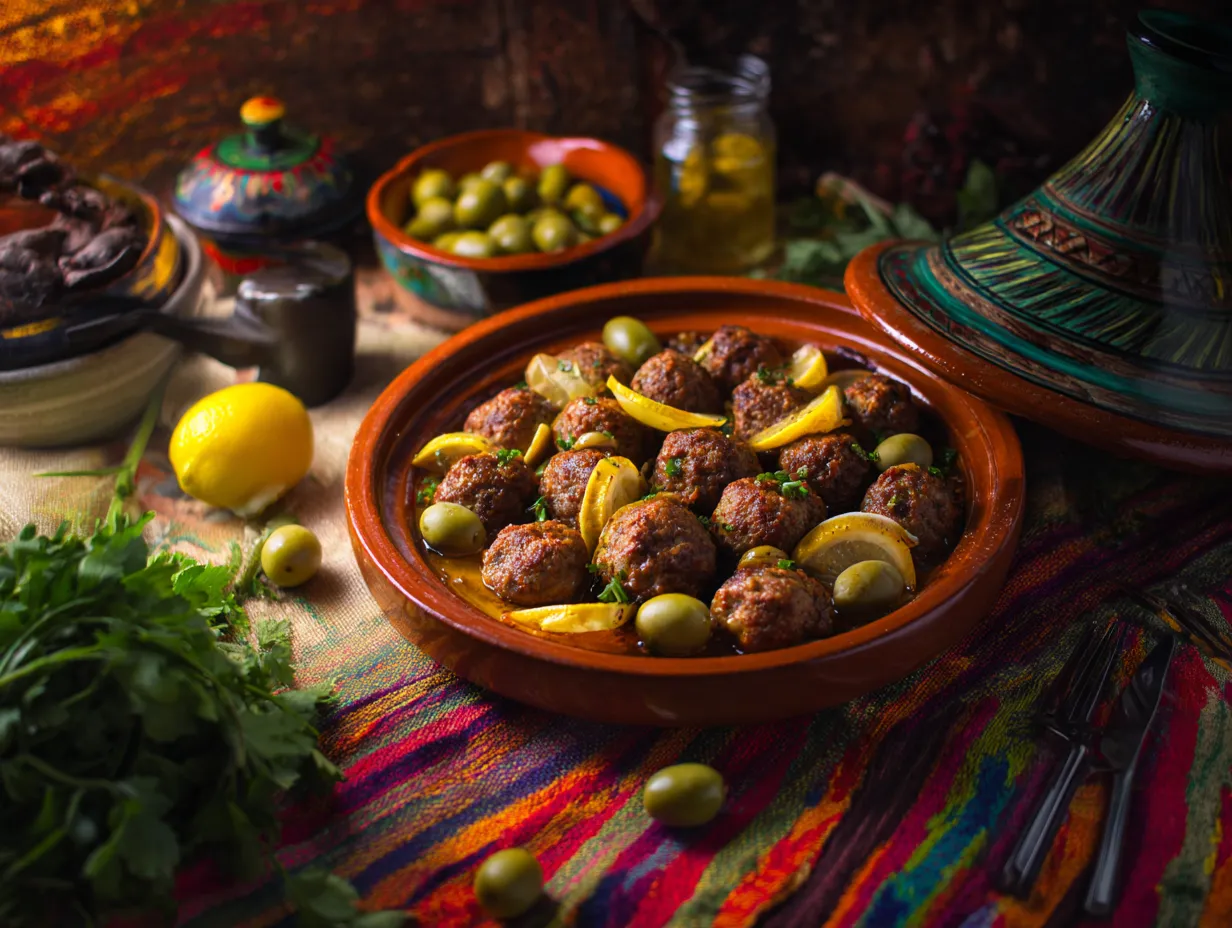 Authentic Spiced Kefta with Preserved Lemon Joy 3 “Moroccan spiced kefta meatballs in a tagine with preserved lemons and green olives, styled with fresh herbs and vibrant Moroccan textiles.”