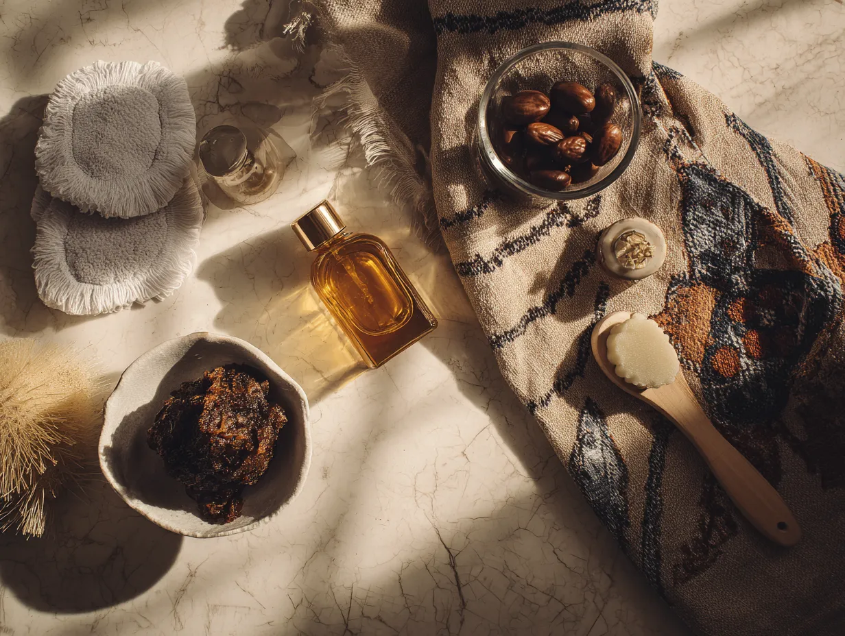 Moroccan Argan Oil Secrets You’ll Wish You Knew Sooner 7 Argan oil used for skincare, hair treatment, and Moroccan culinary recipes displayed on a rustic wooden table.