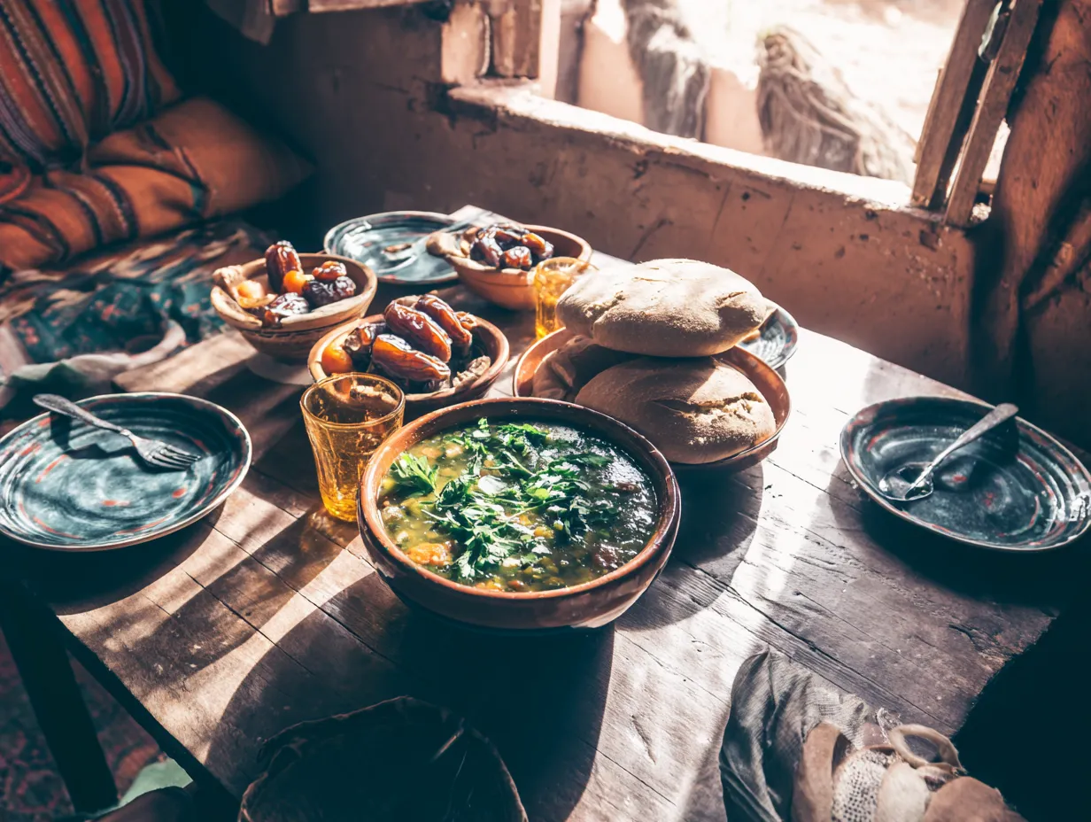 Green Harira Revival: A Comforting Soup with a Twist 6 Bowl of Green Harira soup on a rustic table with Moroccan bread, dates, and fresh herbs, surrounded by a cozy family-style dining setting.