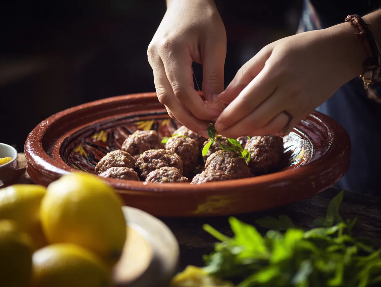 Authentic Spiced Kefta with Preserved Lemon Joy 5 “Woman’s hands shaping spiced ground meat into kefta meatballs and placing them into a Moroccan clay tagine, with preserved lemons and fresh herbs visible.”