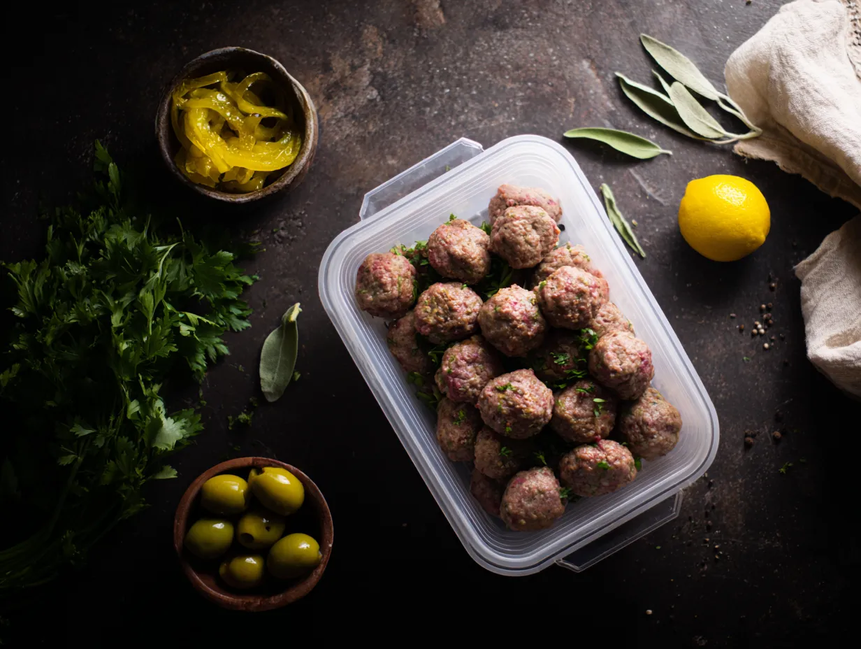Authentic Spiced Kefta with Preserved Lemon Joy 7 “Moroccan spiced kefta meatballs in a container ready for freezing, with preserved lemons, olives, and fresh herbs nearby on a rustic kitchen table.”