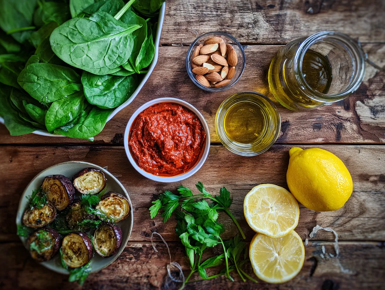 Amazingly Simple Moroccan Harissa Spinach Salad 3 "Fresh ingredients for Moroccan Harissa Spinach Salad including spinach, harissa paste, olive oil, lemon, roasted vegetables, and almonds on a rustic table"