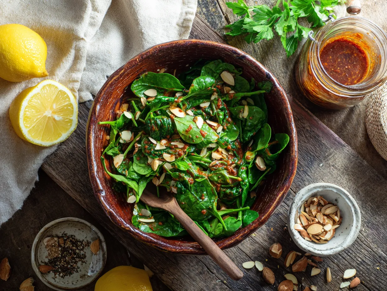 Amazingly Simple Moroccan Harissa Spinach Salad 5 Healthy Moroccan Harissa Spinach Salad in a rustic bowl with harissa dressing, parsley, almonds, and lemon wedges