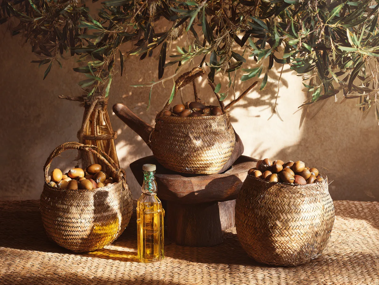 Moroccan Argan Oil Secrets You’ll Wish You Knew Sooner 2 Glass bottle of pure argan oil with Moroccan argan nuts and argan tree in the background.