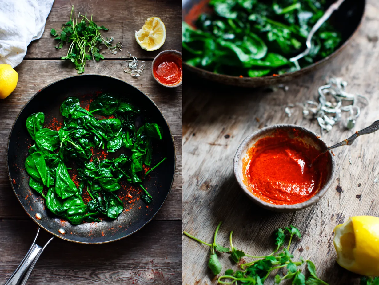 Amazingly Simple Moroccan Harissa Spinach Salad 4 Step-by-step preparation of Moroccan Harissa Spinach Salad with spinach in a skillet, harissa dressing, and fresh herbs on a wooden counter