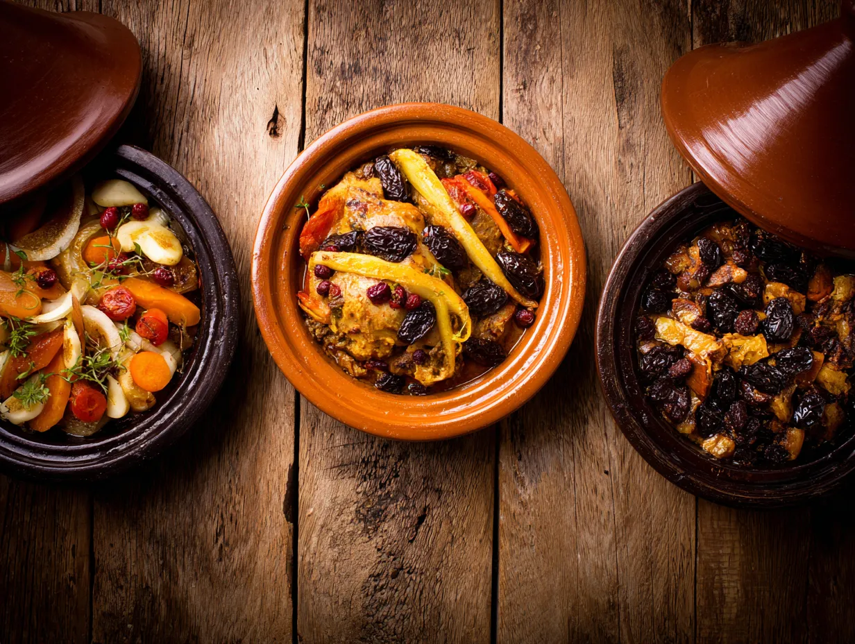 Heavenly Lamb Tagine with Onions and Raisins Recipe 7 Three variations of Moroccan tagine—vegetarian, chicken, and lamb—arranged on a rustic table with vibrant spices and dried fruits.