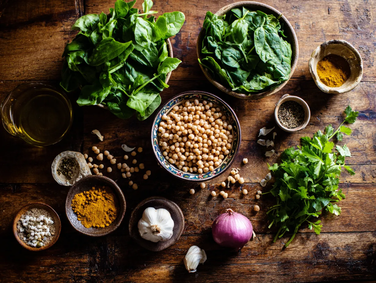 Green Harira Revival: A Comforting Soup with a Twist 3 Fresh ingredients for Moroccan Green Harira arranged on a rustic wooden table, including spinach, parsley, cilantro, lentils, chickpeas, onion, garlic, olive oil, and Moroccan spices.
