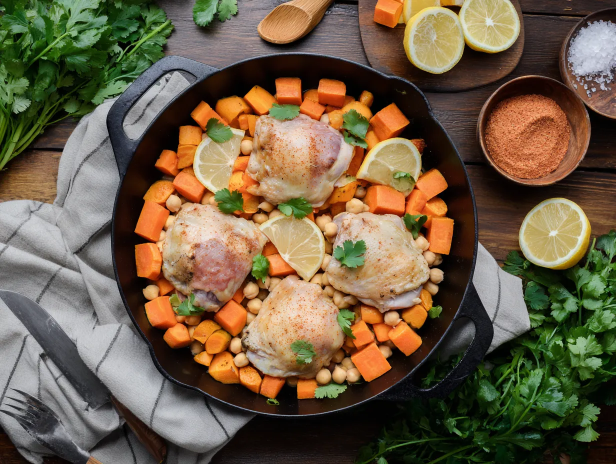 Moroccan-Spiced Chicken or Vegetable Traybakes Made Simple 3 Rustic Moroccan-spiced chicken and vegetable traybake with chickpeas, sweet potatoes, and lemon in a cast-iron tray.