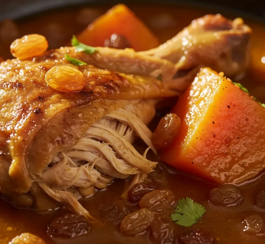 Chicken and Sweet Potato and Raisins Tagine: Perfect Dinner 2 Extreme close-up of a richly textured spoonful of Chicken and Sweet Potato and Raisins Tagine, highlighting the sweet and savory chicken and golden raisins.