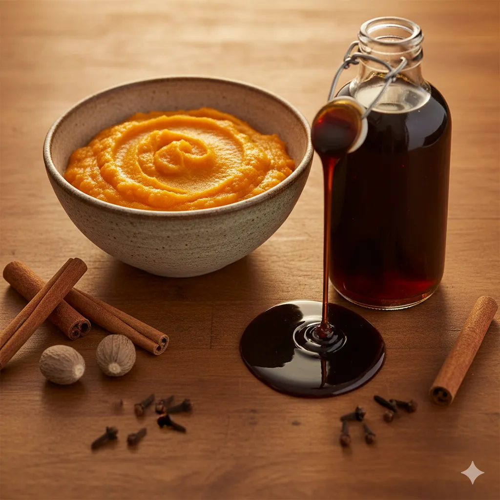 Cinnamon-Spiced Pumpkin Pie with Date Syrup: Amazing! 4 Flat lay of Cinnamon-Spiced Pumpkin Pie filling ingredients, highlighting the healthy date syrup, vibrant pumpkin puree, and whole spices for a rich, creamy texture.
