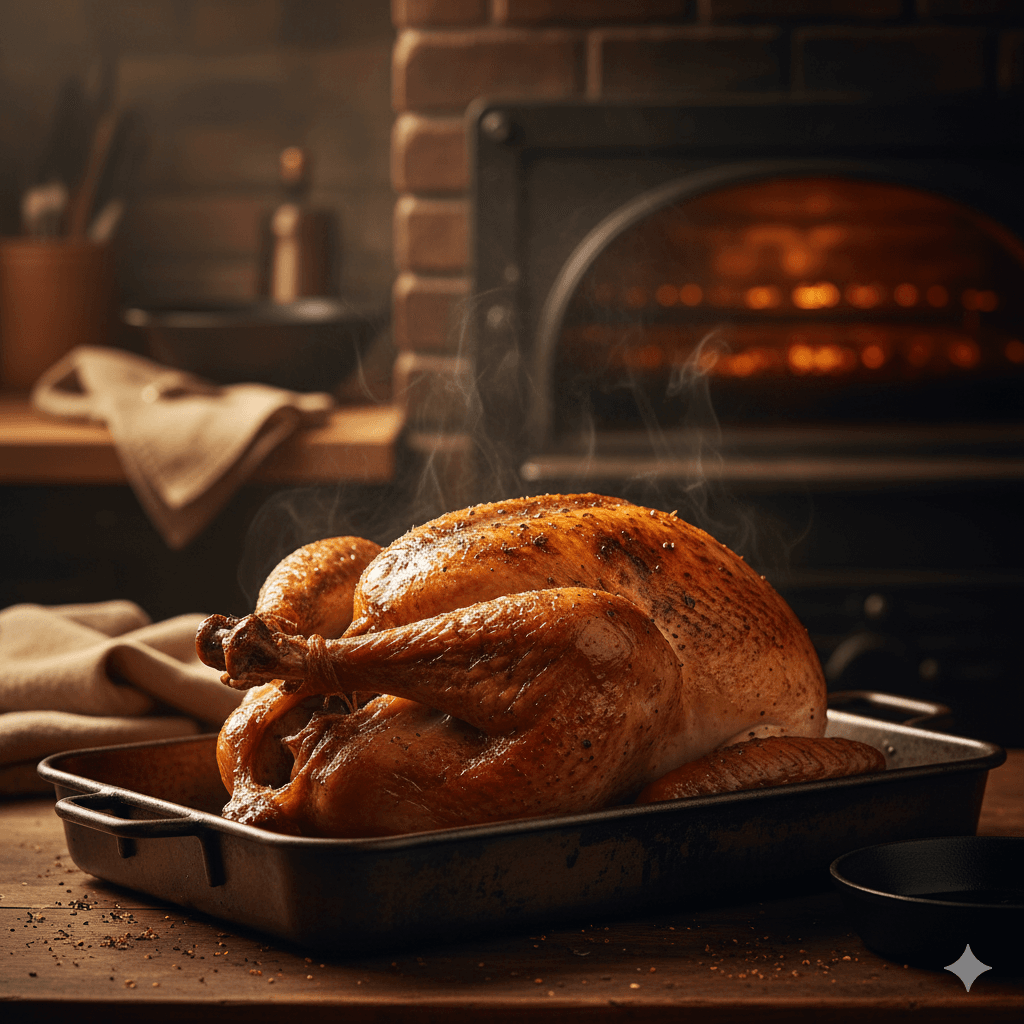 Roast Turkey with Moroccan Spice Rub: Amazing Feast! 5 A perfectly roasted, golden-skinned turkey with a dark, caramelized Moroccan spice rub resting in a roasting pan, emphasizing the success of the two-stage roasting process.