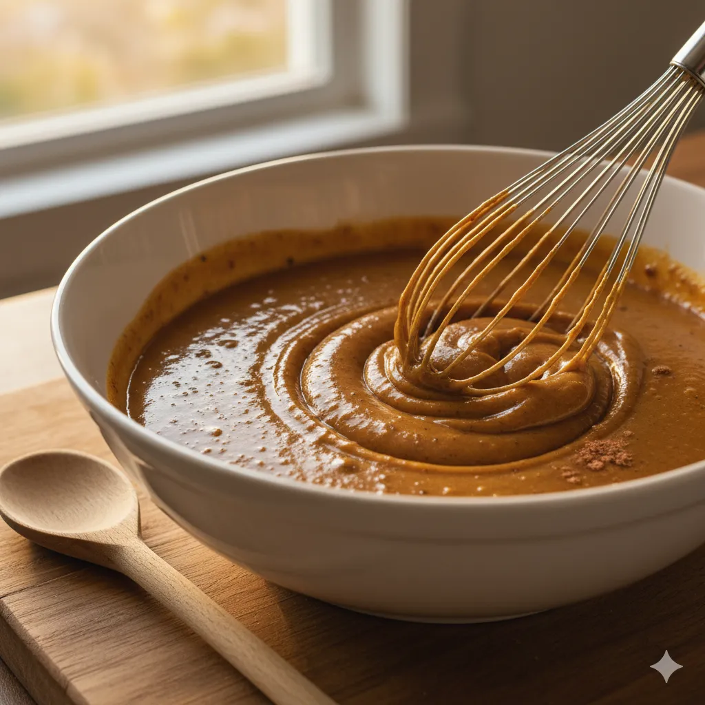 Cinnamon-Spiced Pumpkin Pie with Date Syrup: Amazing! 6 Close-up of a rich, glossy Cinnamon-Spiced Pumpkin Pie filling made with date syrup being whisked in a ceramic bowl to ensure a creamy, crack-free set.
