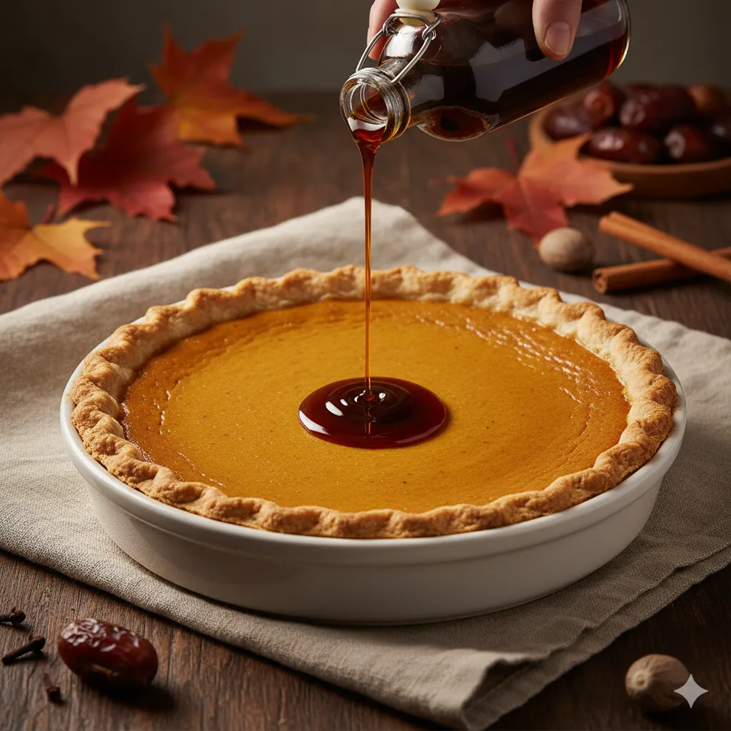 Cinnamon-Spiced Pumpkin Pie with Date Syrup: Amazing! 2 Featured image: A whole, rustic Cinnamon-Spiced Pumpkin Pie being drizzled with dark, rich date syrup, emphasizing the healthy, no refined sugar pie concept.Sources