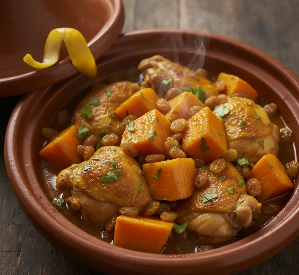 Chicken and Sweet Potato and Raisins Tagine featured image: A perfect dinner Moroccan chicken stew presented in a traditional pot with fluffy couscous and vibrant spices.