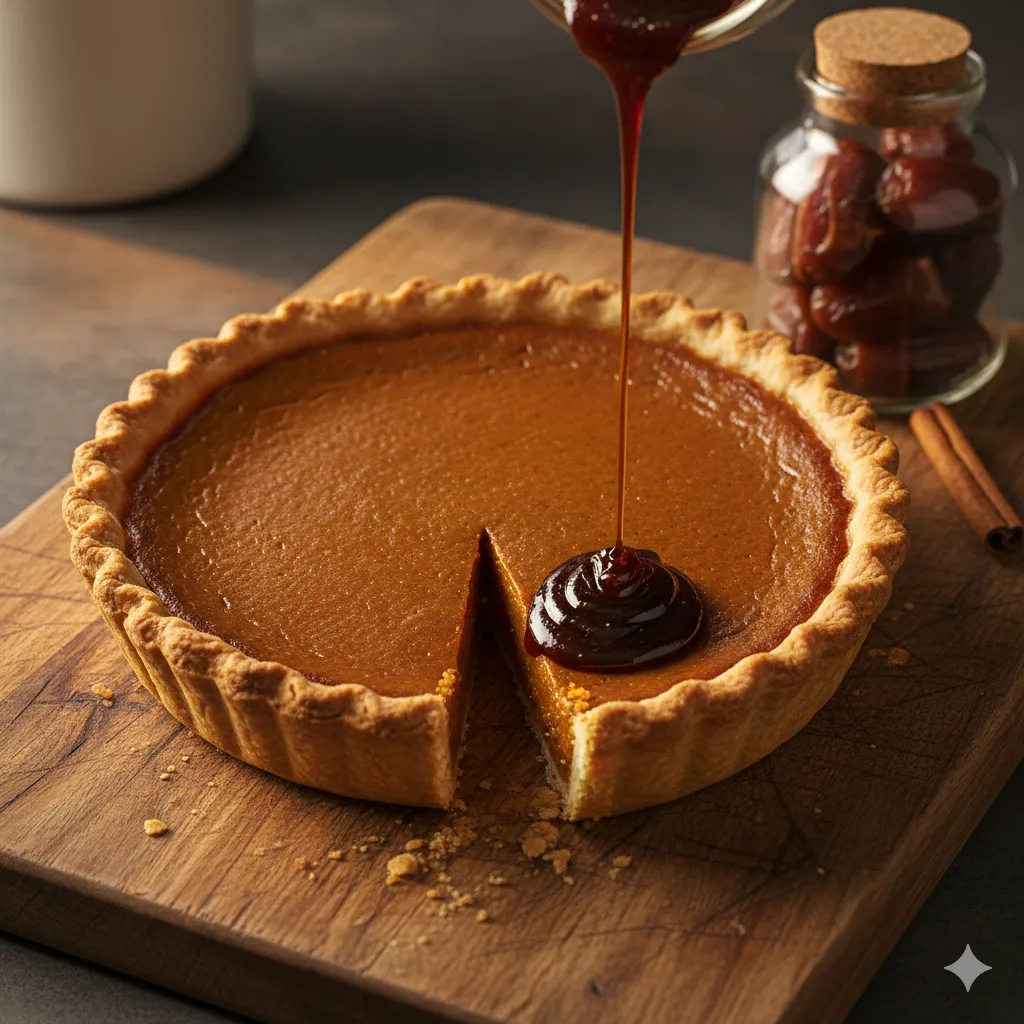 Cinnamon-Spiced Pumpkin Pie with Date Syrup: Amazing! 3 A rich, dark amber Cinnamon-Spiced Pumpkin Pie with Date Syrup being drizzled over a slice, highlighting the natural sweetener and healthy holiday dessert. Focus on texture and warm colors.