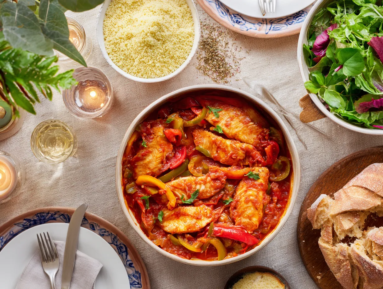 Moroccan Spiced Fish Fillets and Bell Peppers Tagine : Amazing Delight 2 A complete meal of Moroccan spiced fish fillets and bell peppers with side dishes of couscous, bread, and salad on a warmly lit dinner table.