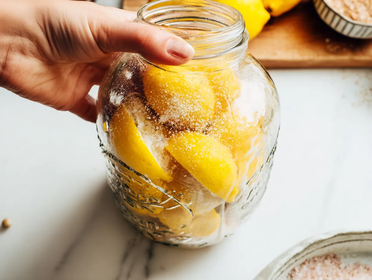 Moroccan Beldi Preserved Lemons: Ultimate Tangy Delight 7 Overhead view of a cook tightly packing salt-stuffed lemons into a mason jar, demonstrating the key step in making Moroccan preserved lemons.