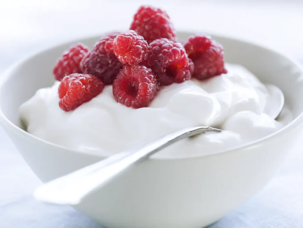 Raib with red berries and vanilla: Instantly Amazing 8 A white bowl of creamy, probiotic-rich homemade Moroccan Raib yogurt with fresh red berries and a spoon, highlighting its status as a healthy, refreshing summer dessert.