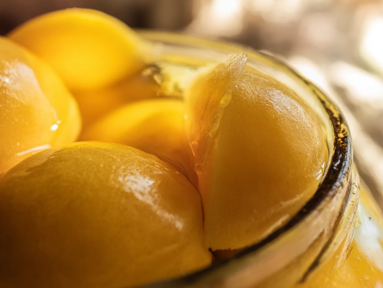 Moroccan Beldi Preserved Lemons: Ultimate Tangy Delight 6 A rustic jar filled with vibrant, golden Moroccan preserved lemons in brine, showcasing their soft, thin rinds, ready to infuse dishes with ultimate tangy delight.