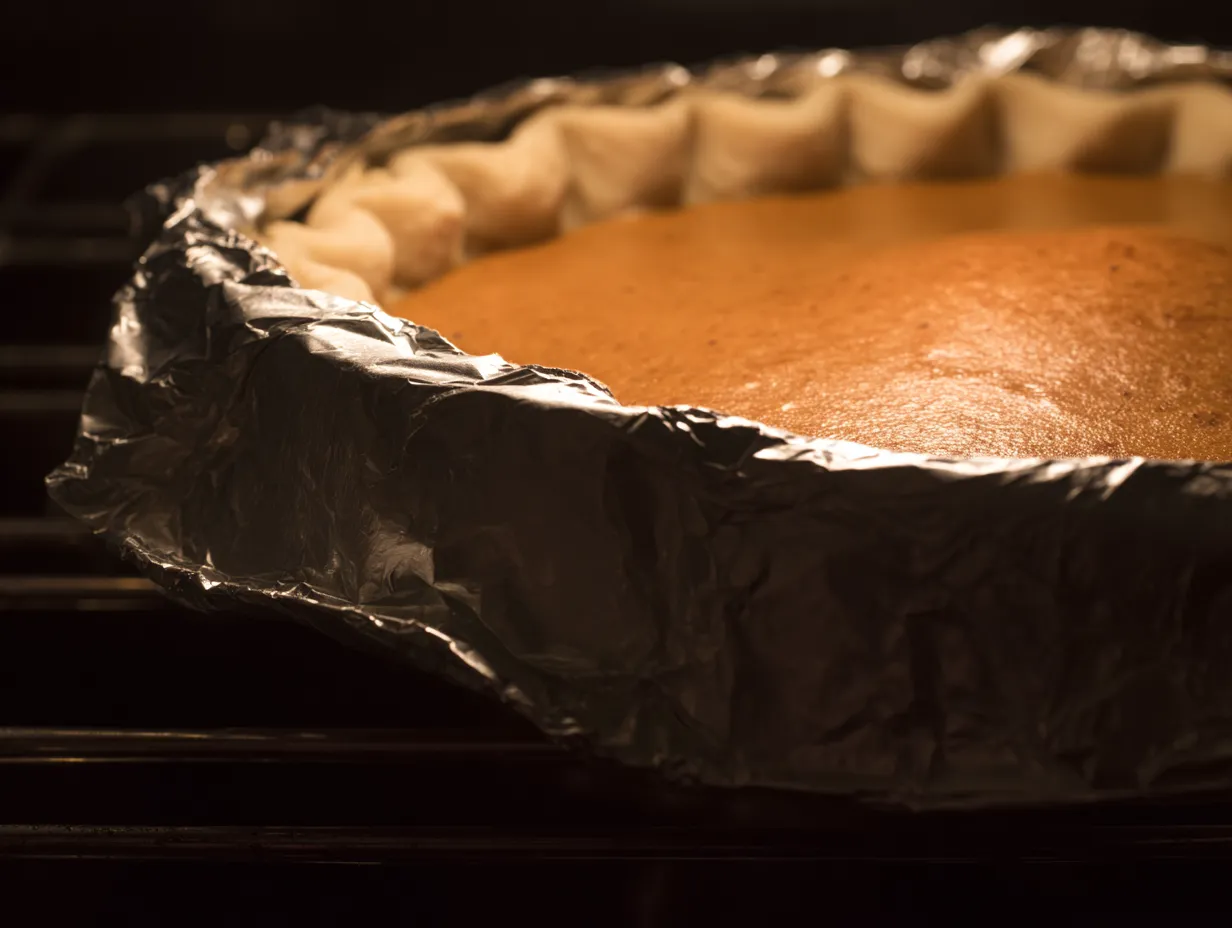 Cinnamon-Spiced Pumpkin Pie with Date Syrup: Amazing! 7 Aluminum foil ring placed over the edge of a baking pumpkin pie, demonstrating the foil technique to prevent the flaky pie crust from over-browning while using a natural sweetener like date syrup.