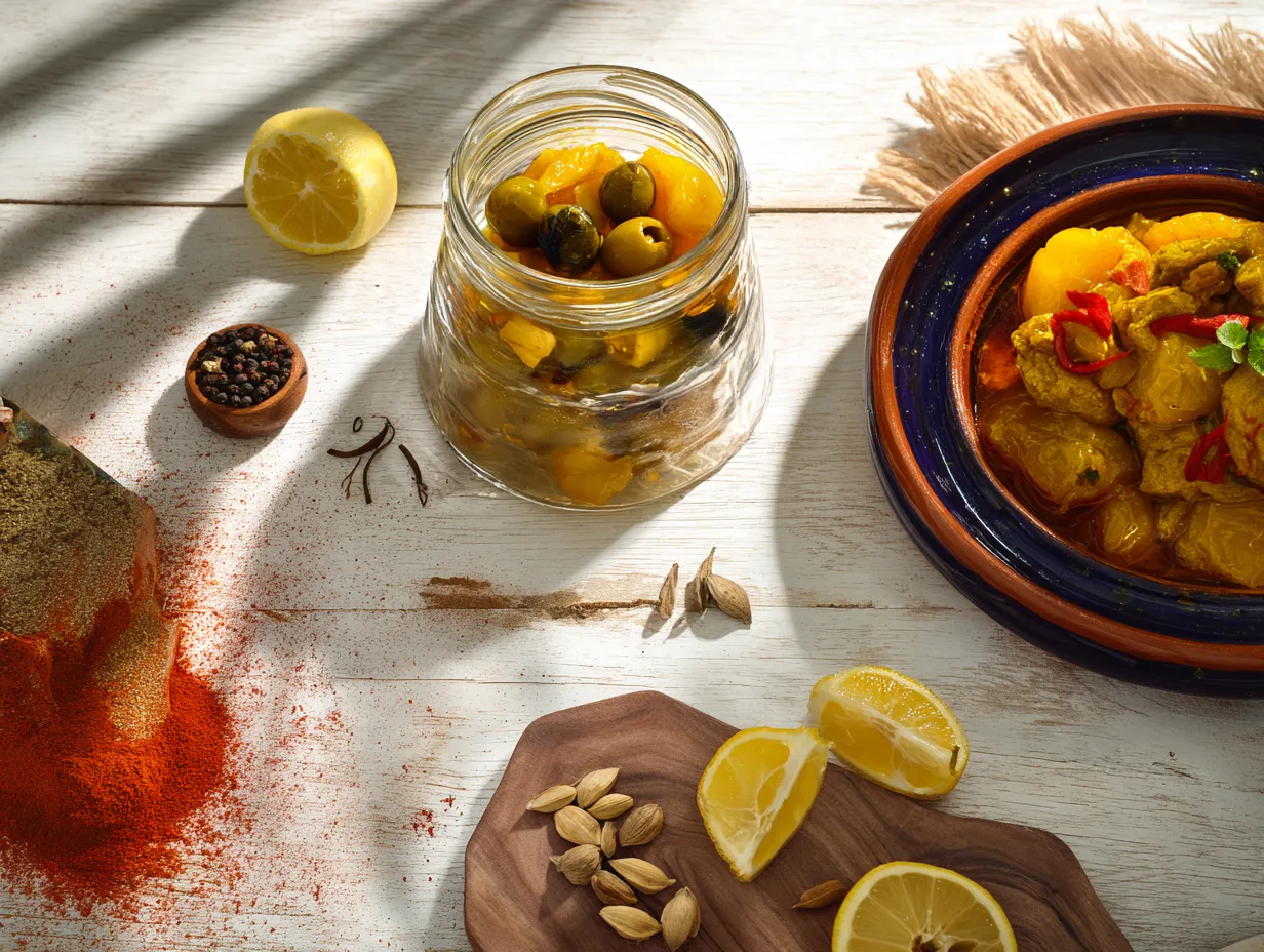 Moroccan Beldi Preserved Lemons: Ultimate Tangy Delight 2 A featured image showing a glass jar of homemade Moroccan preserved lemons next to a serving of rich Chicken Tagine with olives, illustrating the primary use of the salt-cured citrus