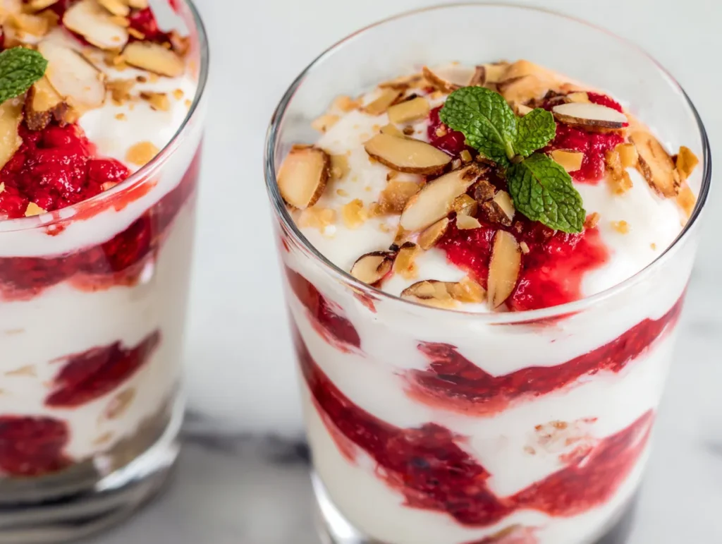 Raib with red berries and vanilla: Instantly Amazing 7 Two servings of vanilla-flavored homemade Moroccan Raib layered in clear parfait glasses with bright red, macerated summer berries and topped with chopped almonds.